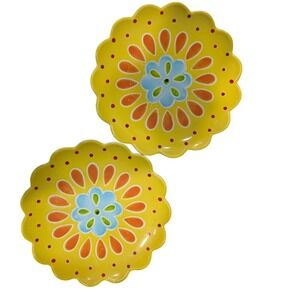Laurie Gates Melamine Plates Set of 2 Yellow Floral Scalloped Edge Dessert Salad